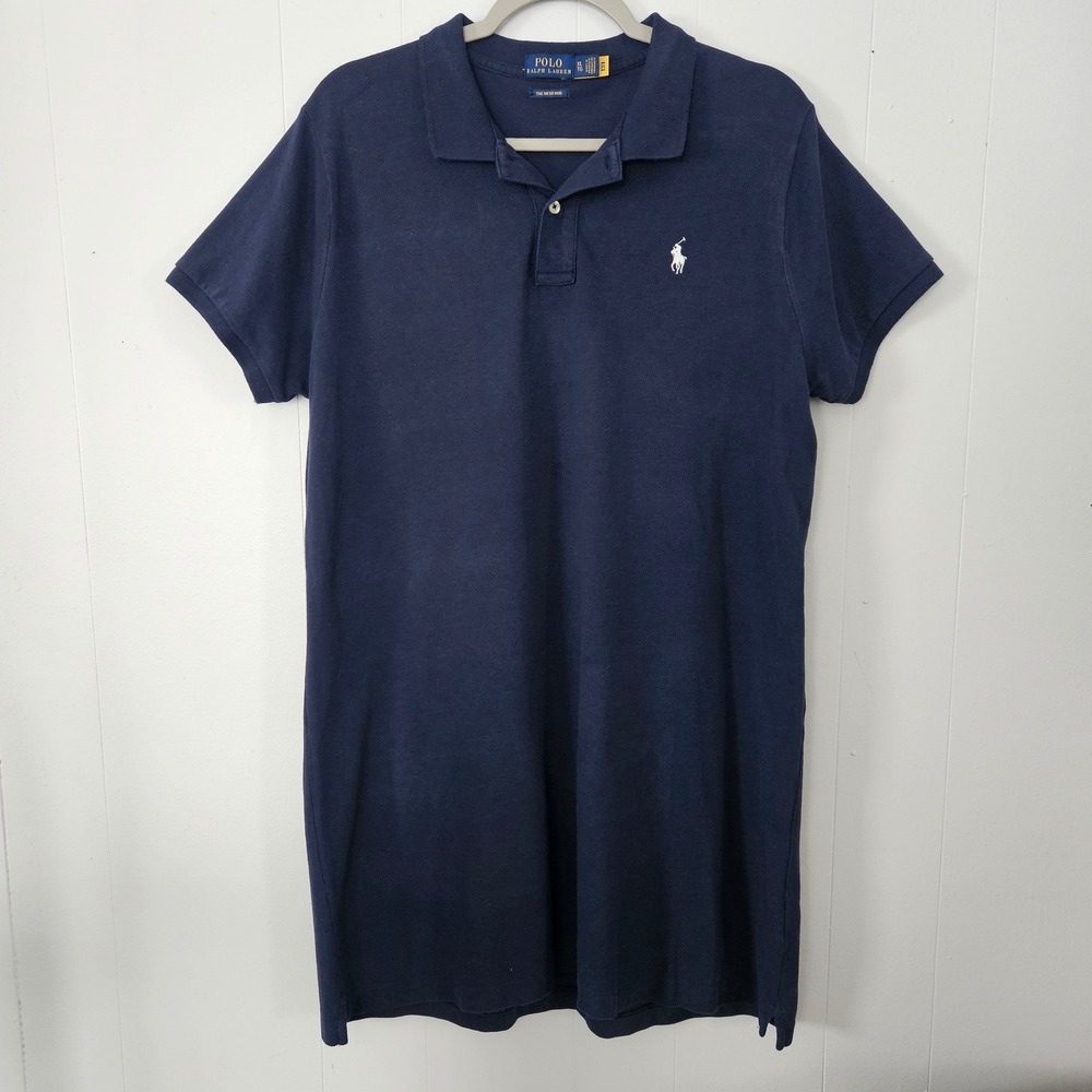 Polo Ralph Lauren Mesh Mini Dress Women XL Navy Blue Preppy Pony Logo Polo Dress